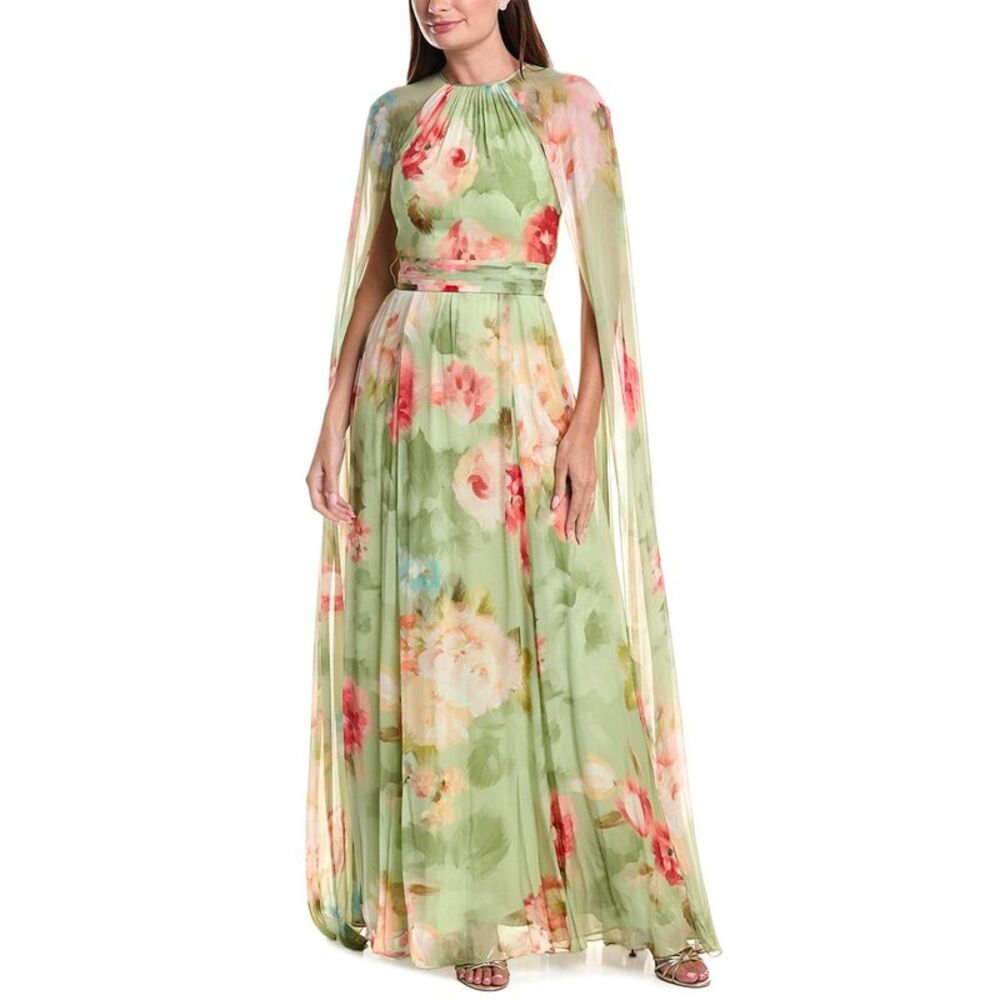 Teri Jon By Rickie Freeman Womens Chiffon Floral Cape Gown, Green